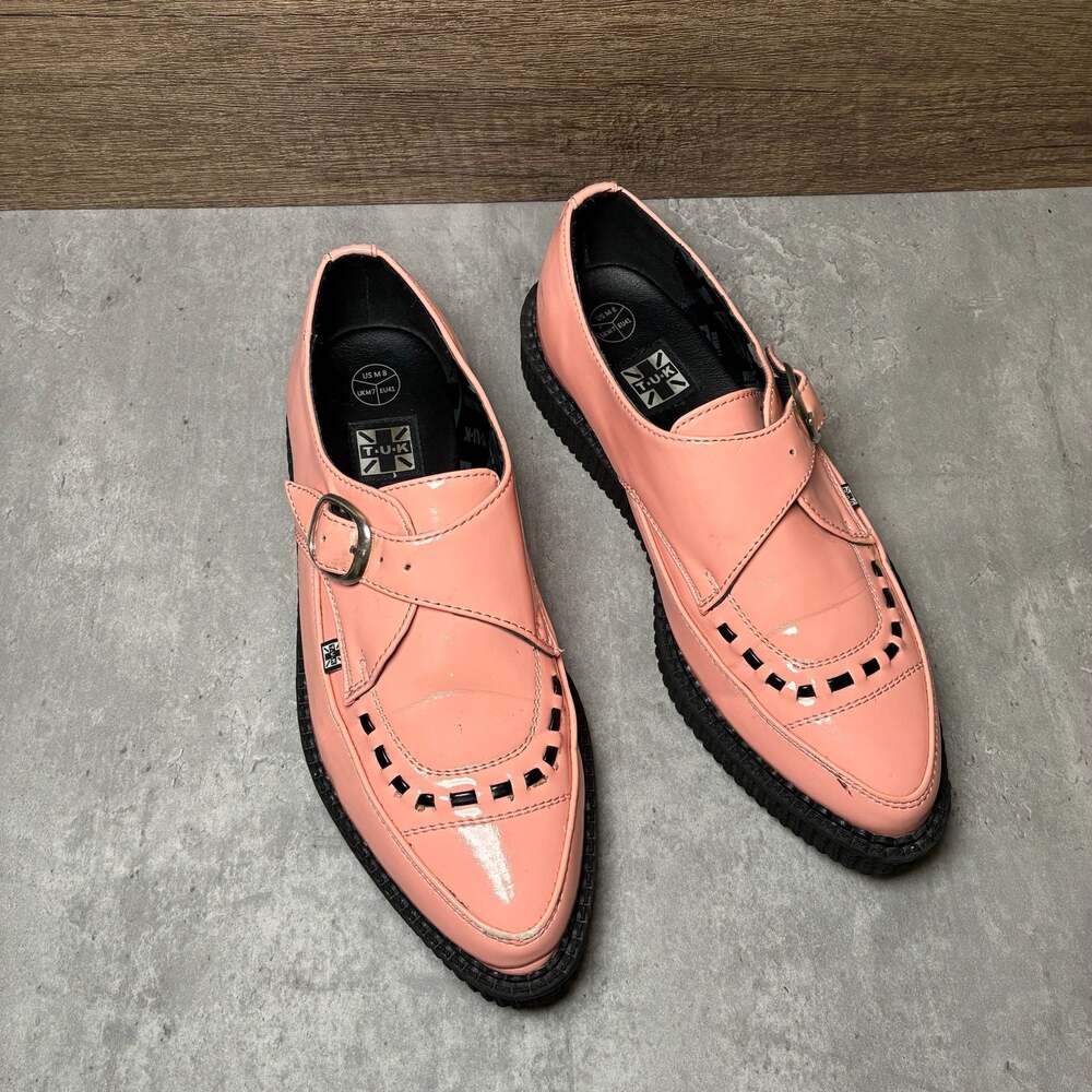 T.U.K. Pink Patent Leather Buckle Pointed Creeper Shoes A9028 M8/W10